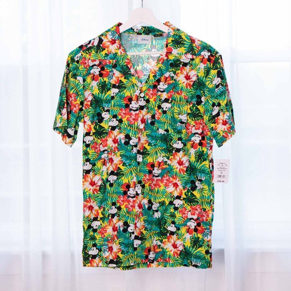 Tropical Print Disney Mickey Mouse Short Sleeve Shirt Hawaiian Floral Mens Small - Picture 1 of 7